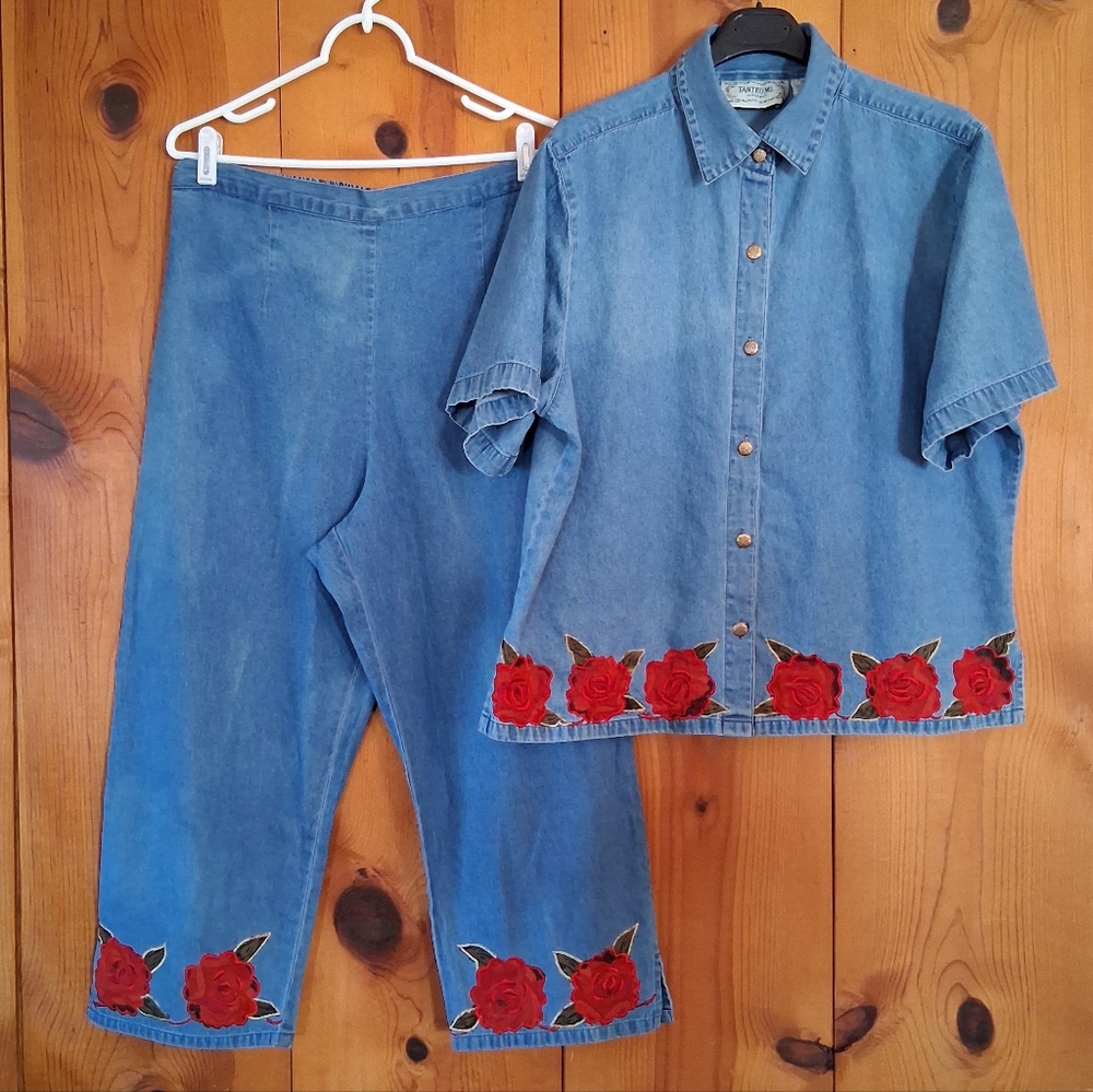 Tantrums Cropped Pull On Cotton Pants/Button Down Shirt Set w/ Floral Applique